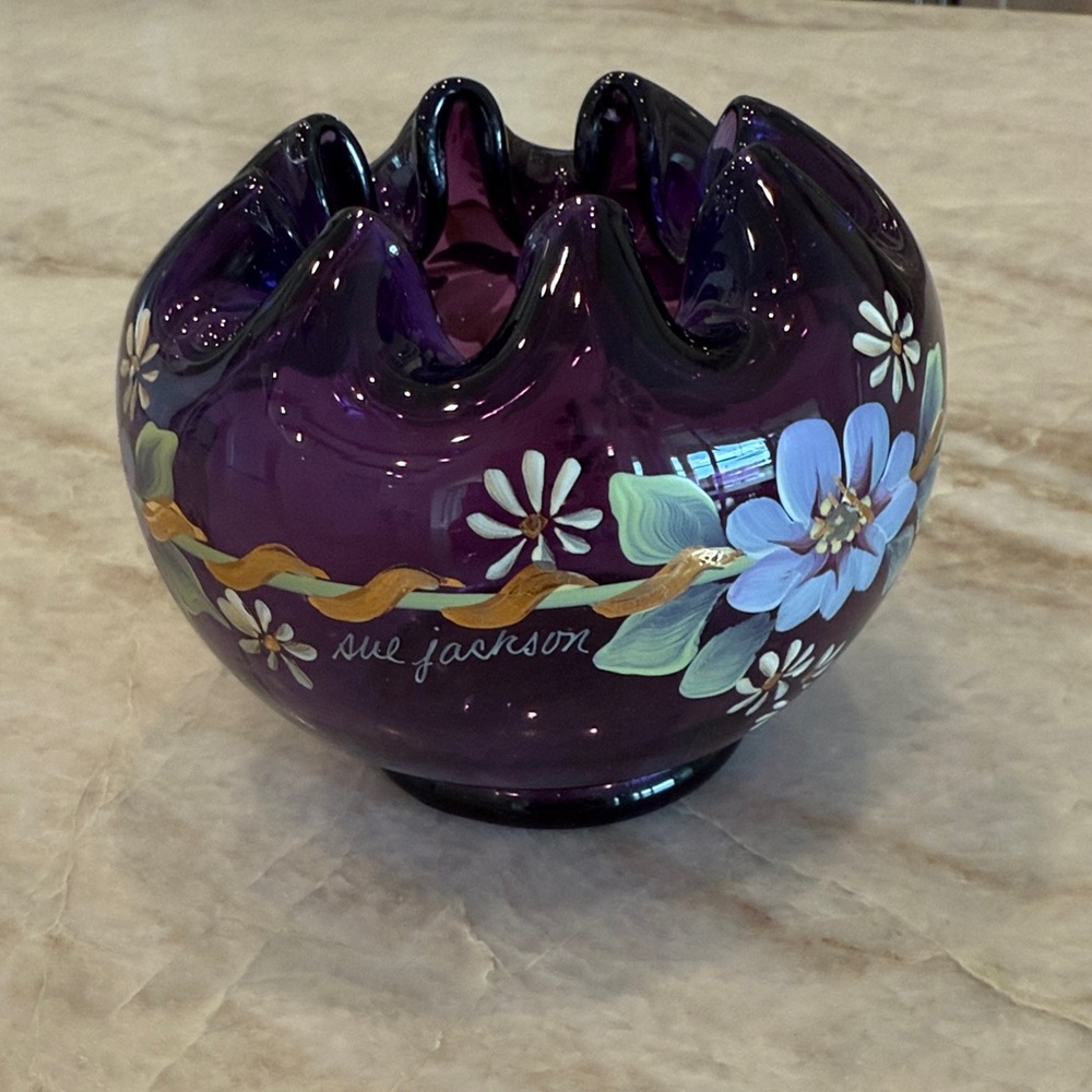 Bill Fenton’s Purple Glass Vase with Floral Design signedSue Jackson